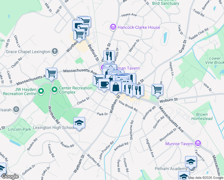 map of restaurants, bars, coffee shops, grocery stores, and more near 10 Muzzey Street in Lexington