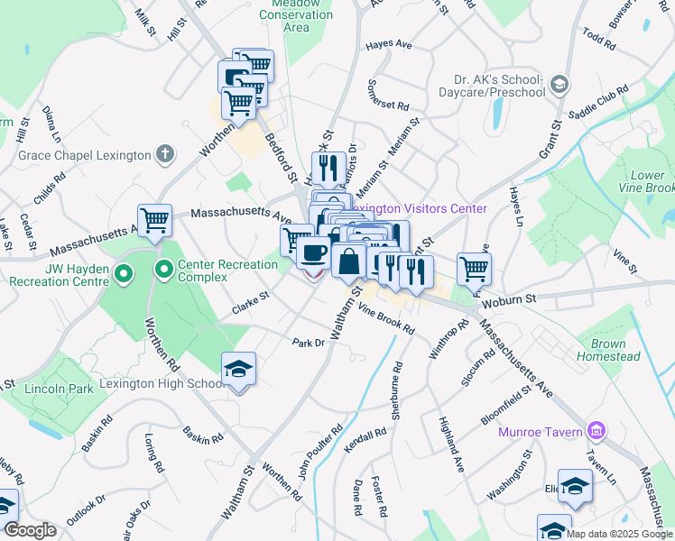 map of restaurants, bars, coffee shops, grocery stores, and more near 18 Muzzey Street in Lexington