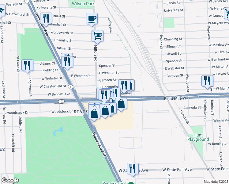 map of restaurants, bars, coffee shops, grocery stores, and more near 631 Eight Mile Road in Ferndale