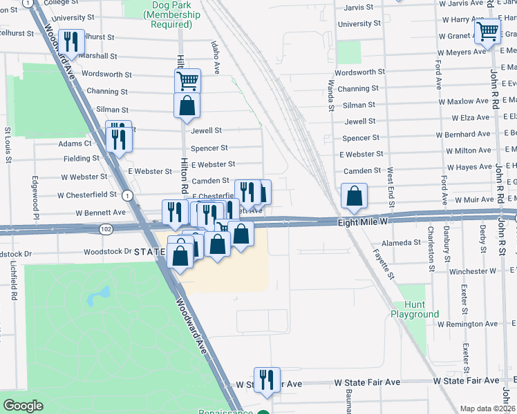 map of restaurants, bars, coffee shops, grocery stores, and more near 771 Michigan 102 in Ferndale