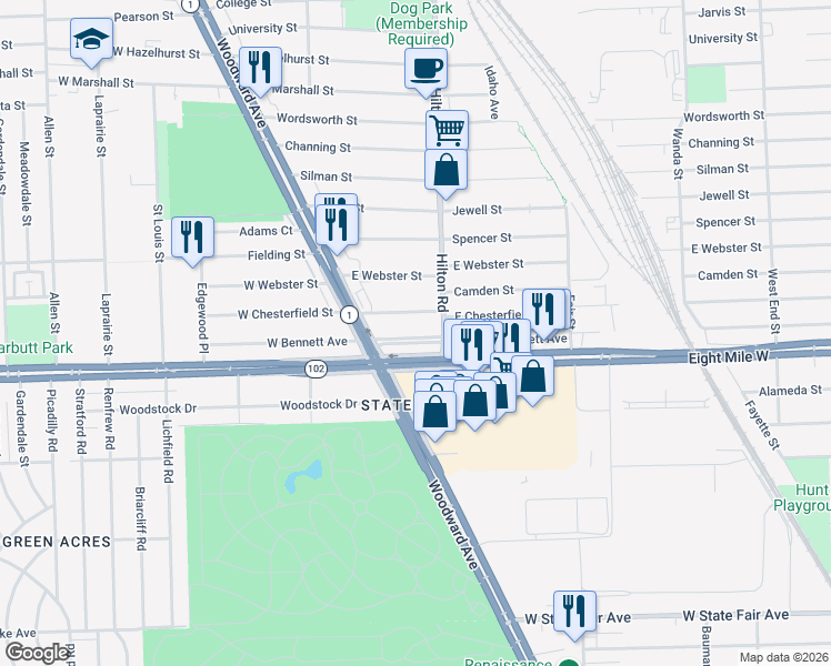 map of restaurants, bars, coffee shops, grocery stores, and more near 218 East Bennette Street in Ferndale