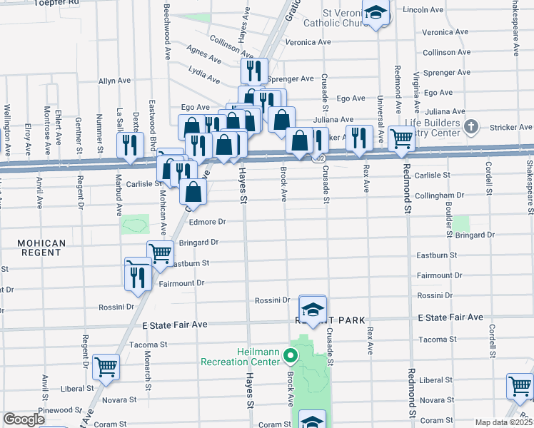 map of restaurants, bars, coffee shops, grocery stores, and more near 15255 Edmore Drive in Detroit