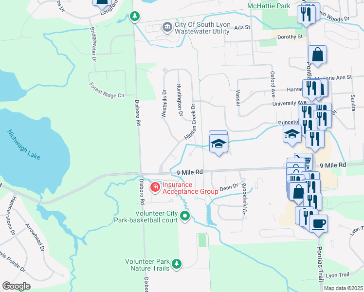map of restaurants, bars, coffee shops, grocery stores, and more near 940 Hidden Creek Drive in South Lyon