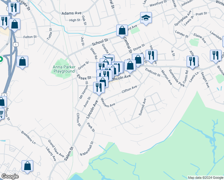 map of restaurants, bars, coffee shops, grocery stores, and more near 66 Clifton Avenue in Saugus