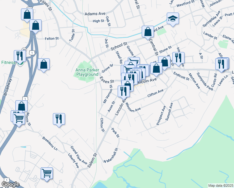 map of restaurants, bars, coffee shops, grocery stores, and more near 6 Linwood Street in Saugus