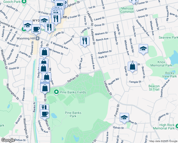 map of restaurants, bars, coffee shops, grocery stores, and more near 196 Sylvan Street in Melrose