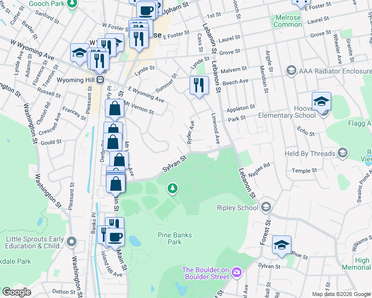map of restaurants, bars, coffee shops, grocery stores, and more near 18 Rockwood Street in Melrose