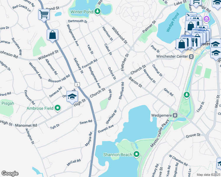 map of restaurants, bars, coffee shops, grocery stores, and more near 8 Glen Road in Winchester