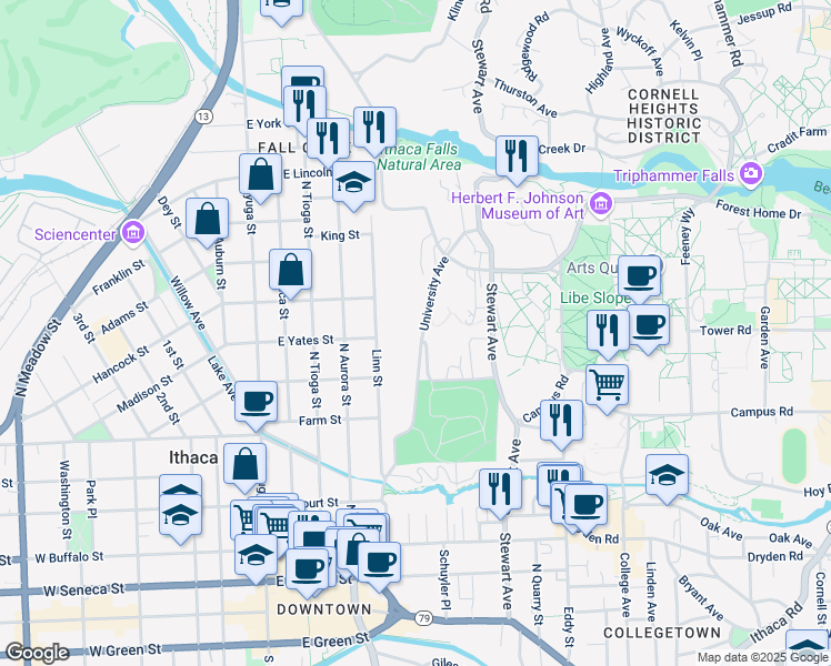 map of restaurants, bars, coffee shops, grocery stores, and more near 315 Linn Street in Ithaca