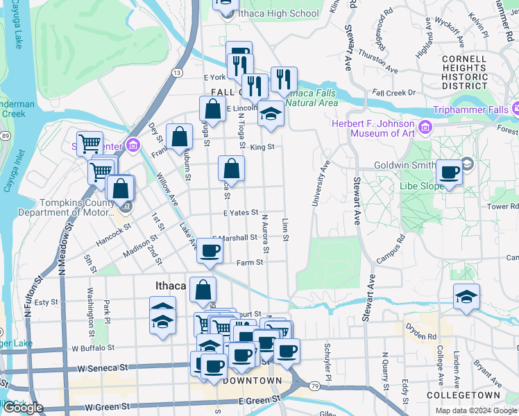 map of restaurants, bars, coffee shops, grocery stores, and more near 613 North Tioga Street in Ithaca