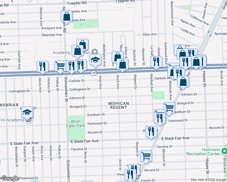 map of restaurants, bars, coffee shops, grocery stores, and more near 14079 Edmore Drive in Detroit