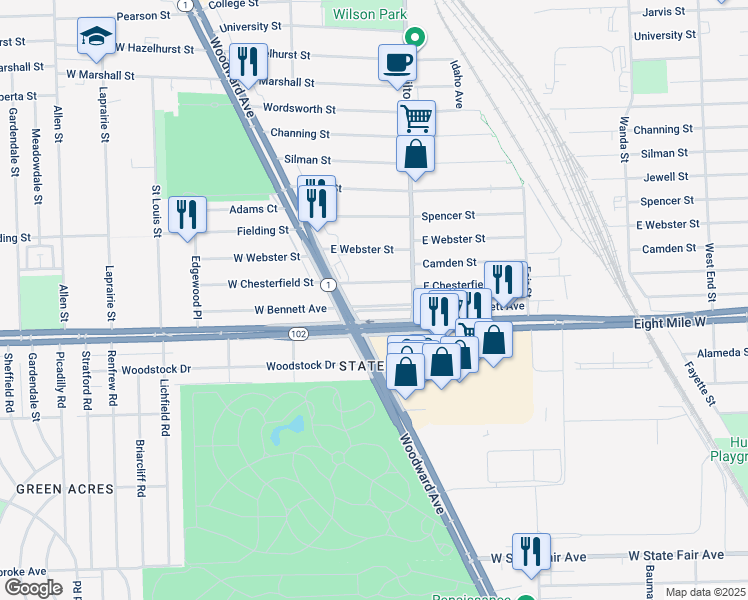 map of restaurants, bars, coffee shops, grocery stores, and more near 218 East Bennette Street in Ferndale