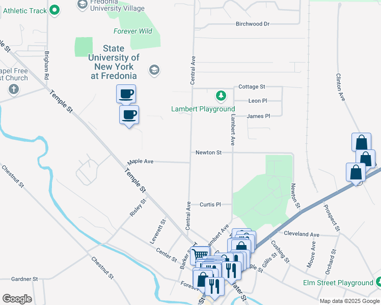 map of restaurants, bars, coffee shops, grocery stores, and more near Central Ave & Newton St in Fredonia