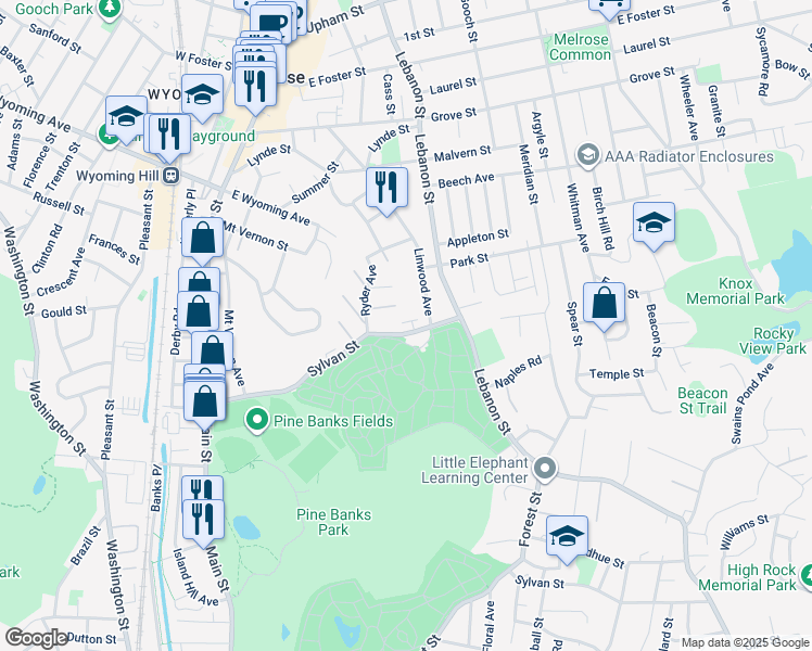 map of restaurants, bars, coffee shops, grocery stores, and more near 196 Sylvan Street in Melrose