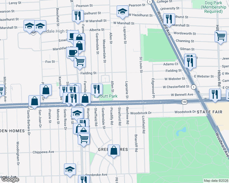 map of restaurants, bars, coffee shops, grocery stores, and more near 200 Allen Street in Ferndale