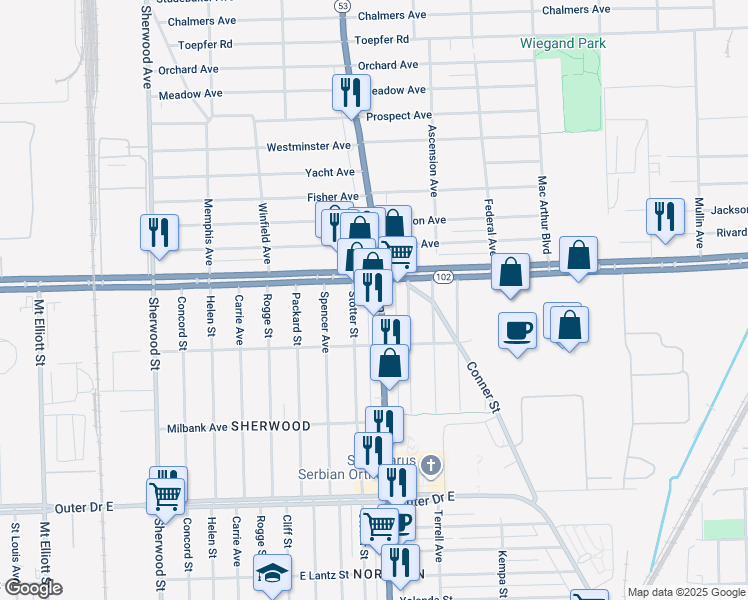 map of restaurants, bars, coffee shops, grocery stores, and more near 20445 Van Dyke Avenue in Detroit
