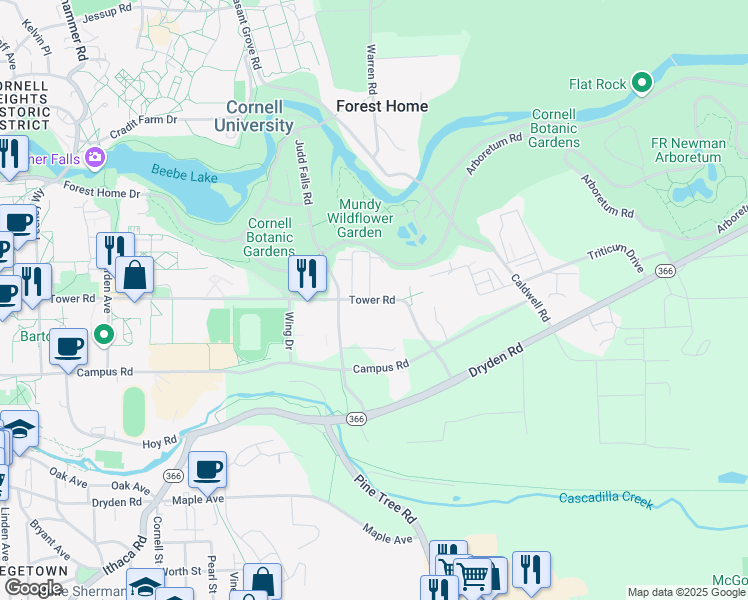 map of restaurants, bars, coffee shops, grocery stores, and more near 606 Tower Road in Ithaca