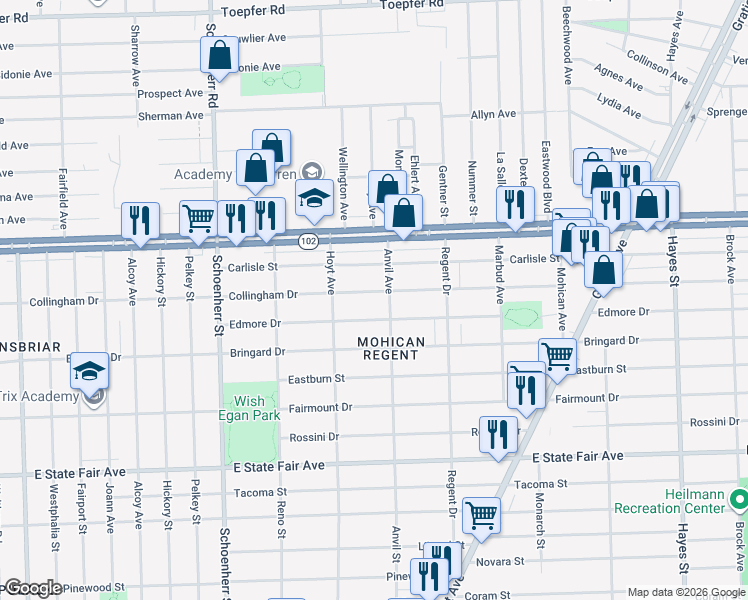 map of restaurants, bars, coffee shops, grocery stores, and more near 14079 Edmore Drive in Detroit