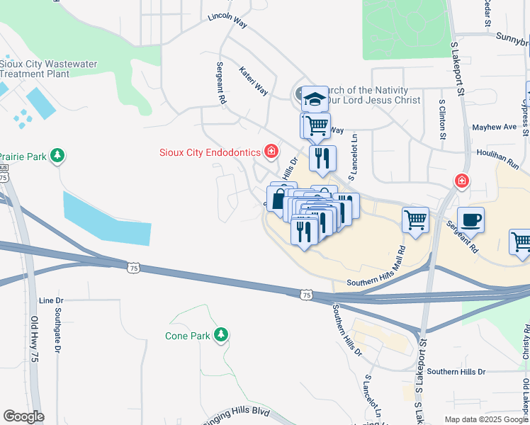 map of restaurants, bars, coffee shops, grocery stores, and more near 3630 Southern Hills Drive in Sioux City