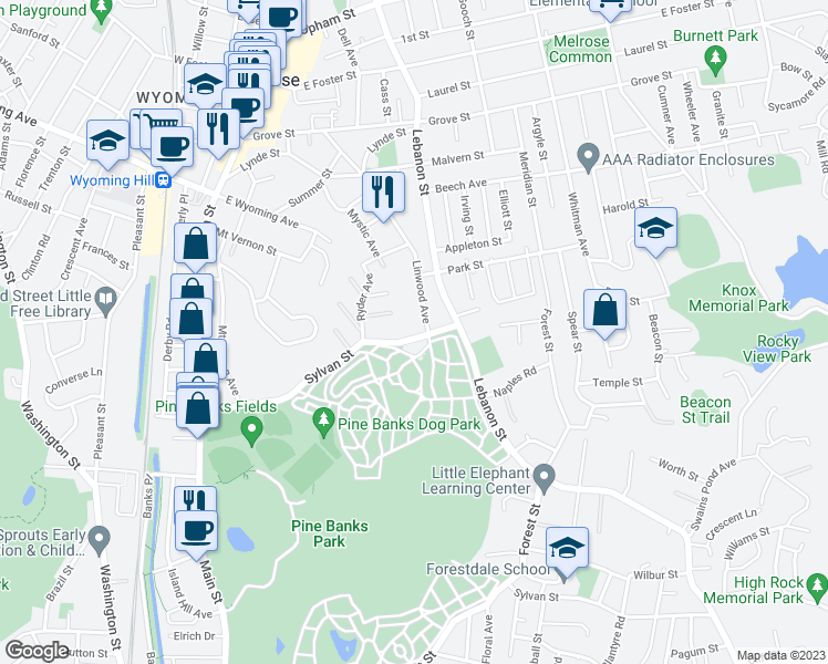 map of restaurants, bars, coffee shops, grocery stores, and more near 196 Sylvan Street in Melrose