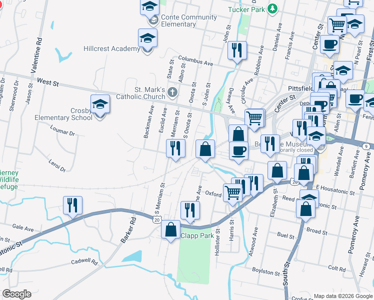 map of restaurants, bars, coffee shops, grocery stores, and more near 85 Buchan Street in Pittsfield