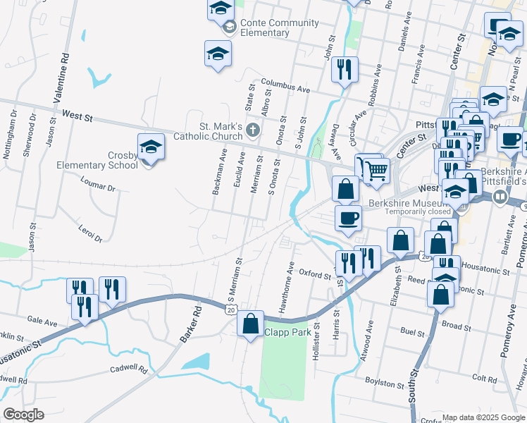 map of restaurants, bars, coffee shops, grocery stores, and more near 85 Buchan Street in Pittsfield
