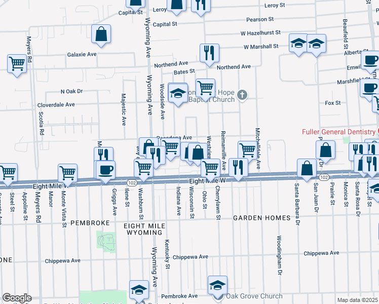 map of restaurants, bars, coffee shops, grocery stores, and more near 20778 Garden Lane in Ferndale