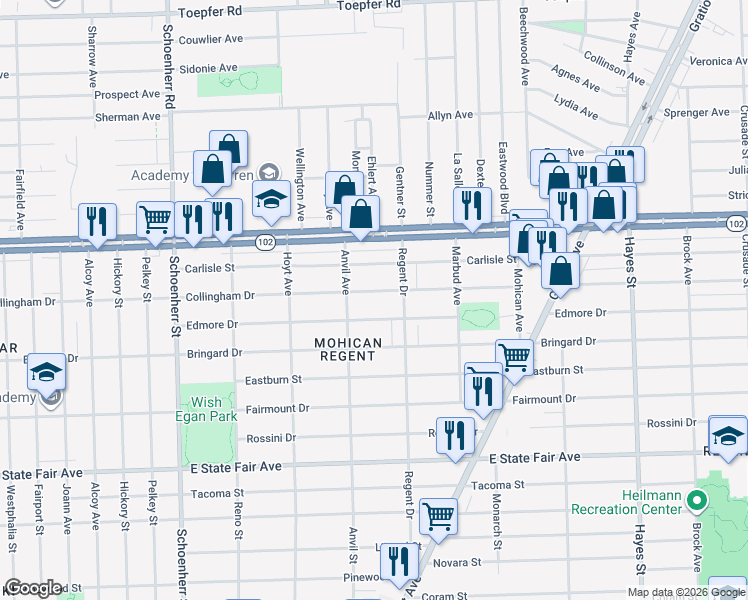 map of restaurants, bars, coffee shops, grocery stores, and more near 14157 Edmore Drive in Detroit