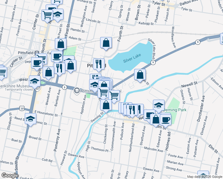 map of restaurants, bars, coffee shops, grocery stores, and more near 558 East Street in Pittsfield