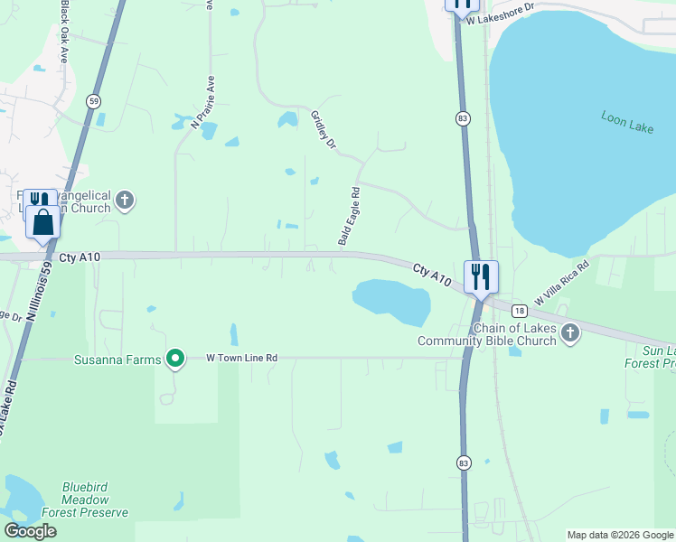 map of restaurants, bars, coffee shops, grocery stores, and more near 23751 West Grass Lake Road in Antioch
