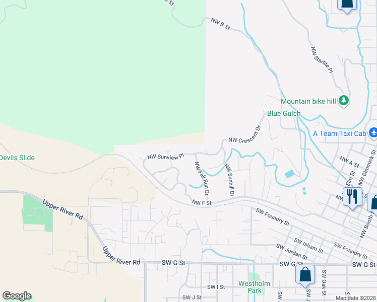 map of restaurants, bars, coffee shops, grocery stores, and more near 164 Northwest Fall Run Drive in Grants Pass