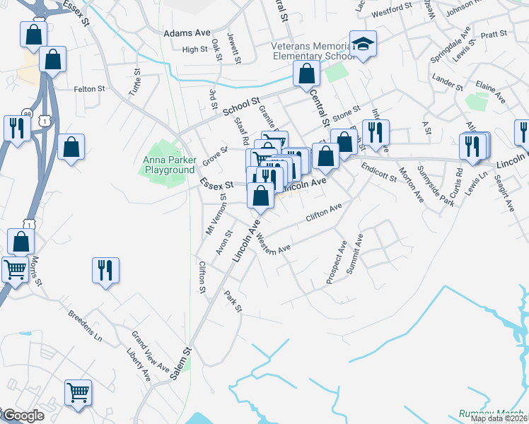 map of restaurants, bars, coffee shops, grocery stores, and more near 556 Lincoln Avenue in Saugus