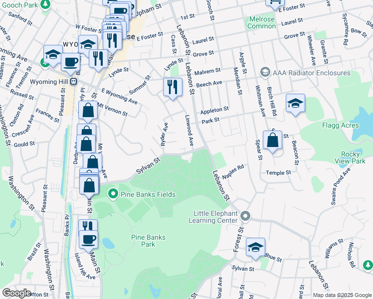 map of restaurants, bars, coffee shops, grocery stores, and more near 196 Sylvan Street in Melrose
