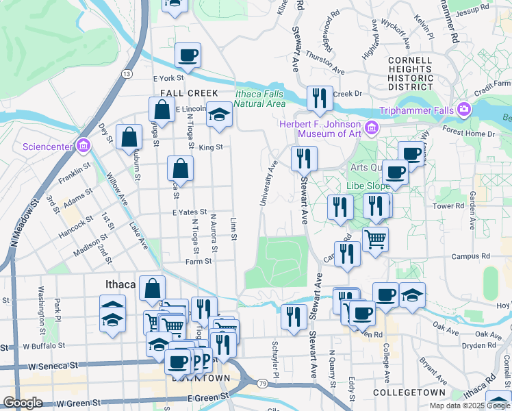 map of restaurants, bars, coffee shops, grocery stores, and more near 315 Linn Street in Ithaca
