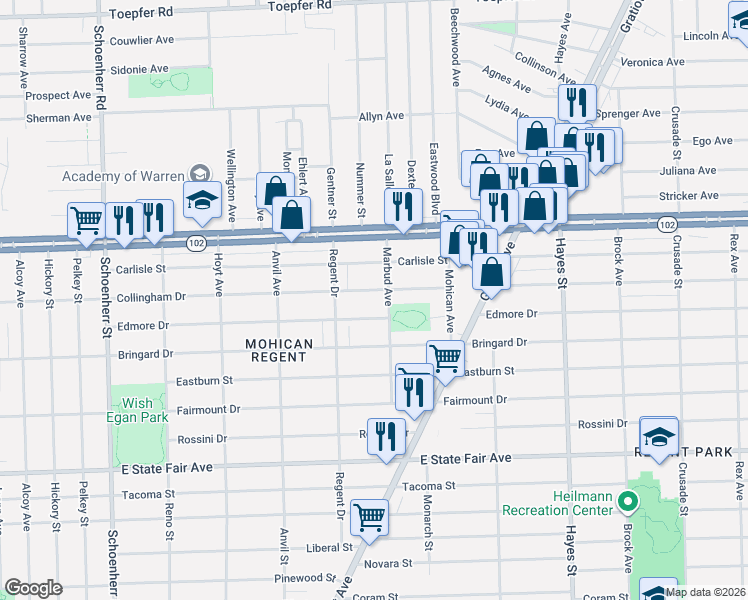 map of restaurants, bars, coffee shops, grocery stores, and more near 14483 Edmore Drive in Detroit
