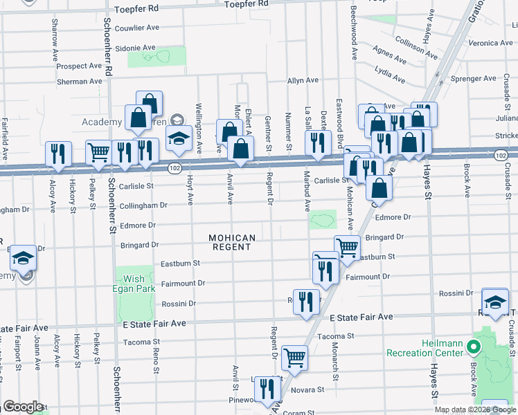 map of restaurants, bars, coffee shops, grocery stores, and more near 14157 Edmore Drive in Detroit