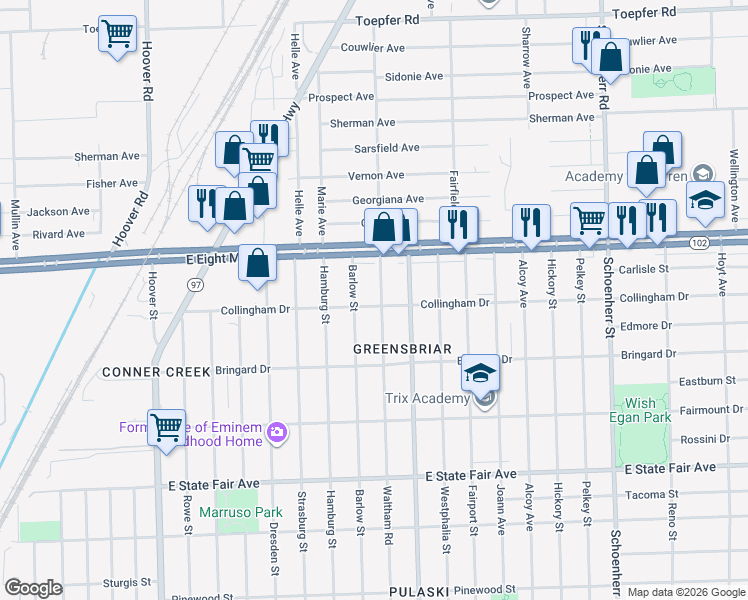 map of restaurants, bars, coffee shops, grocery stores, and more near 20296 Waltham Street in Detroit