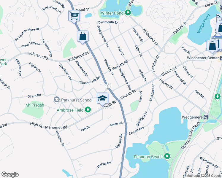 map of restaurants, bars, coffee shops, grocery stores, and more near 118 Cambridge Street in Winchester