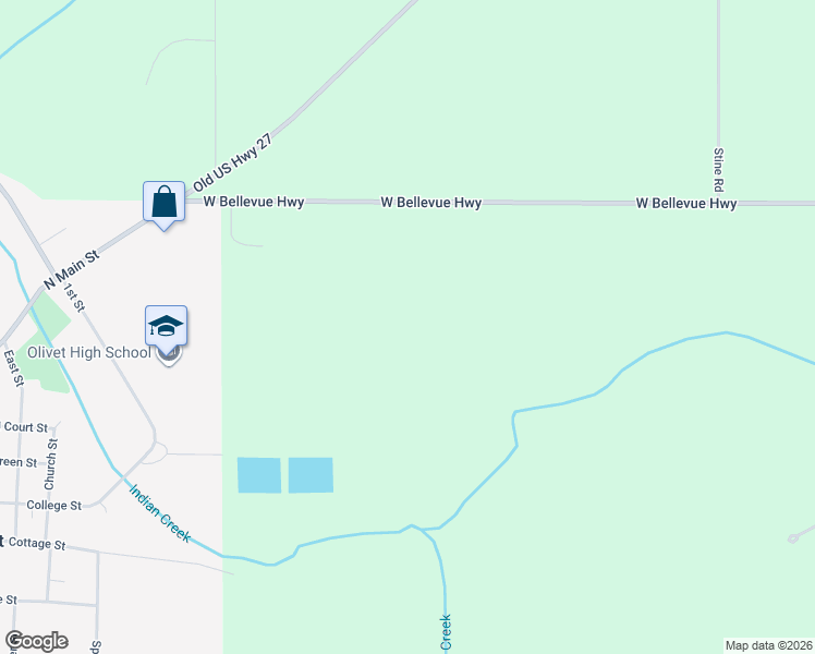 map of restaurants, bars, coffee shops, grocery stores, and more near 3627 West Bellevue Highway in Olivet