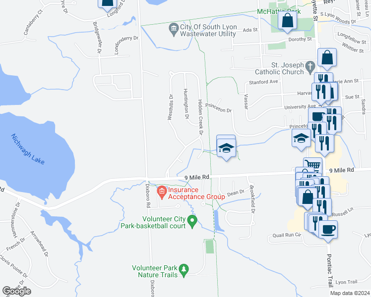map of restaurants, bars, coffee shops, grocery stores, and more near 968 Hidden Creek Drive in South Lyon