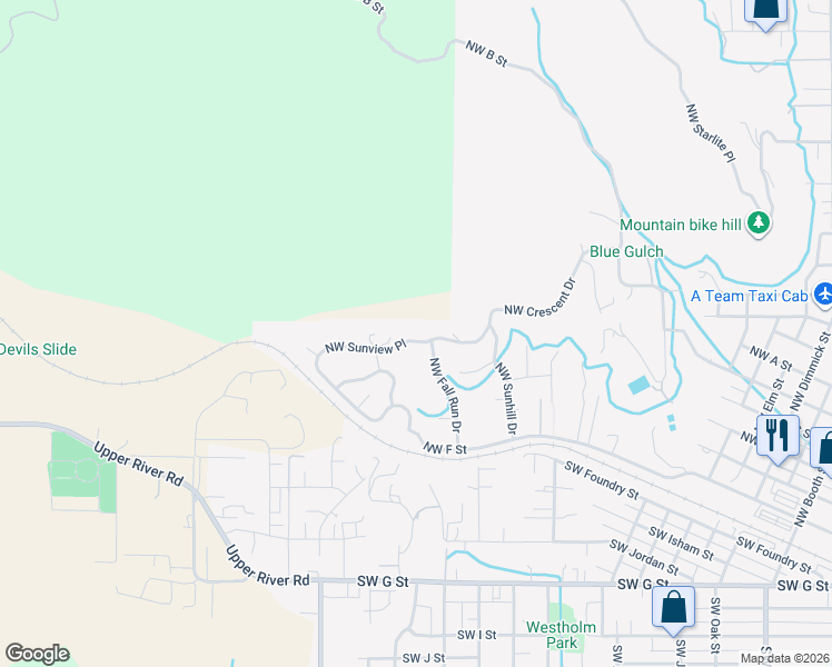 map of restaurants, bars, coffee shops, grocery stores, and more near 164 Northwest Fall Run Drive in Grants Pass