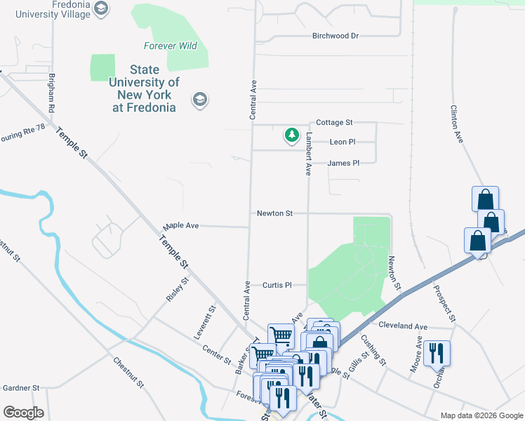 map of restaurants, bars, coffee shops, grocery stores, and more near 12 Newton Street in Fredonia