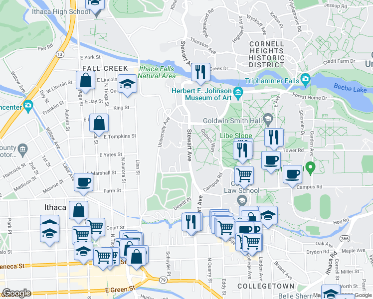 map of restaurants, bars, coffee shops, grocery stores, and more near 638 Stewart Avenue in Ithaca