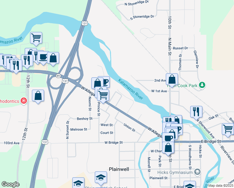 map of restaurants, bars, coffee shops, grocery stores, and more near 140 Michigan Avenue in Plainwell