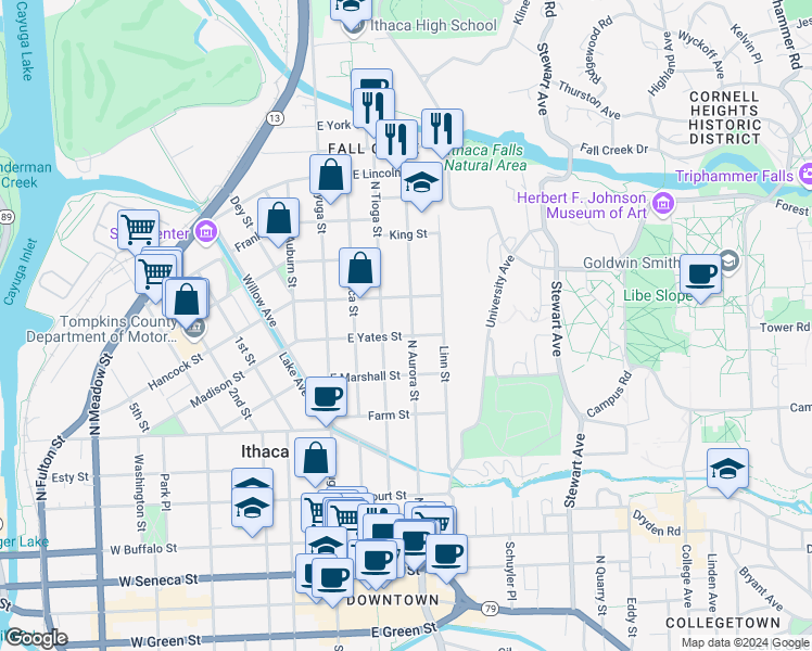 map of restaurants, bars, coffee shops, grocery stores, and more near 708 North Aurora Street in Ithaca