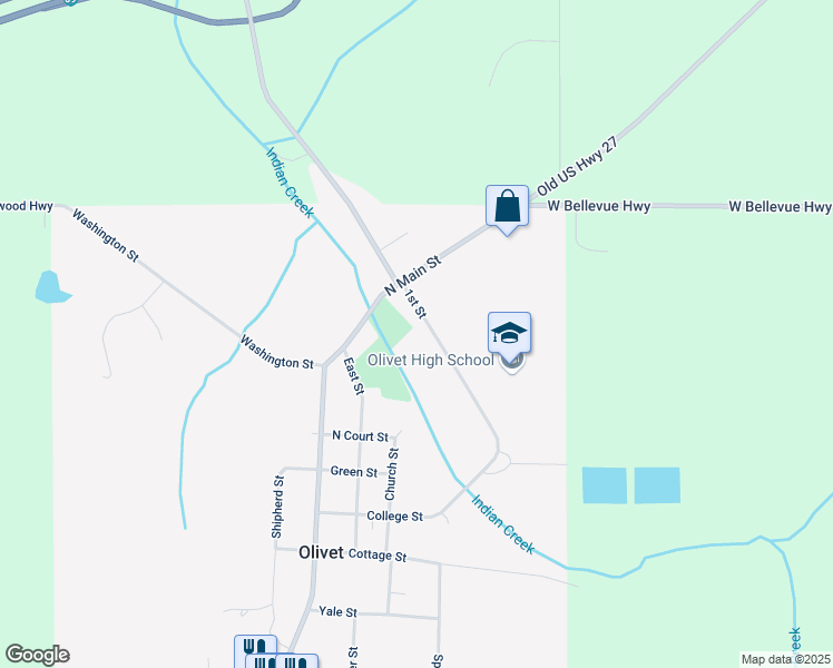 map of restaurants, bars, coffee shops, grocery stores, and more near 186 1st Street in Olivet