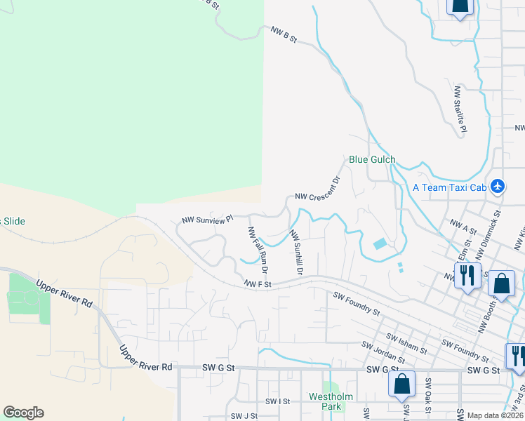map of restaurants, bars, coffee shops, grocery stores, and more near 1733 Northwest Sunview Place in Grants Pass