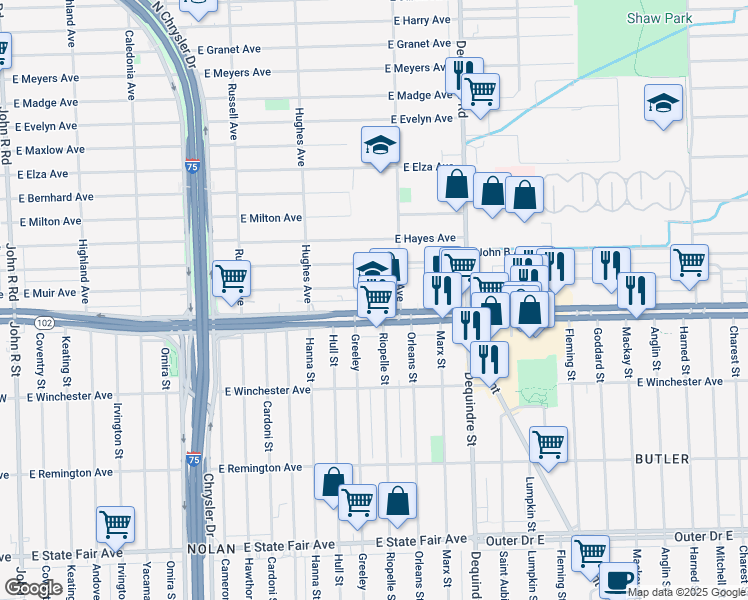 map of restaurants, bars, coffee shops, grocery stores, and more near 1638 8 Mile Road in Highland Park