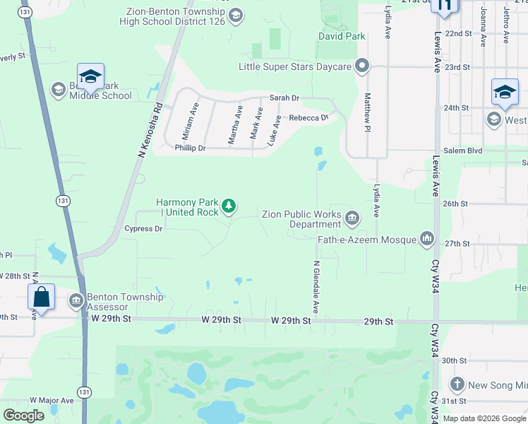 map of restaurants, bars, coffee shops, grocery stores, and more near 2702 Mark Avenue in Zion