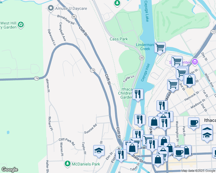 map of restaurants, bars, coffee shops, grocery stores, and more near 702 Cliff Street in Ithaca